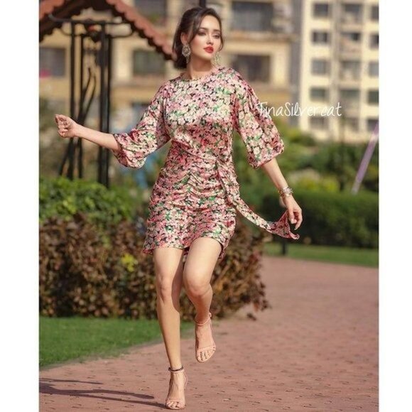 BLOGGER'S FAVE! Printed Floral Draped Mini Dress Pink Green Black Sz XS NWT - Picture 11 of 14